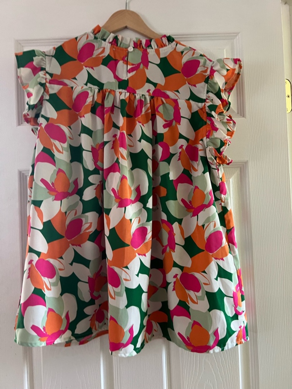BiBi Floral Smocked Ruffle Blouse - Green/Orange/Pink